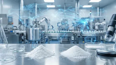 A high-tech conceptual image representing the global sourcing of dietary fibers like resistant dextrin and MCC from China for the 2026 market.