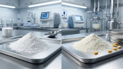 Microcrystalline Cellulose and Resistant Dextrin powders in a quality control lab setting