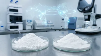 A conceptual image representing the procurement and quality control of microcrystalline cellulose and resistant dextrin from China for global markets.
