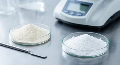 A buyer's guide concept showing resistant dextrin and microcrystalline cellulose being analyzed in a modern laboratory.