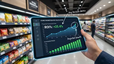 A dynamic digital interface displaying retail promotion ROI calculation with charts and data overlays, representing strategic retail analytics.