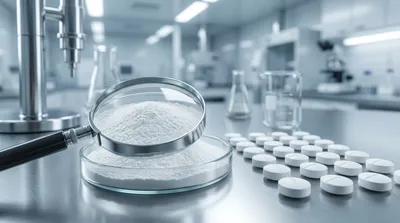 A conceptual image for a buyer's guide, showing a magnifying glass examining resistant dextrin powder and microcrystalline cellulose tablets.