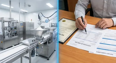 Split view of automated factory line vs quality compliance review