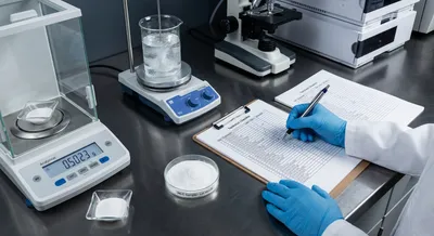 Quality control lab bench showing the meticulous evaluation of a functional fiber ingredient