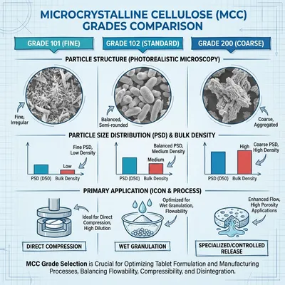 An infographic chart comparing different grades of microcrystalline cellulose (MCC) for tablet compression, showing particle size, density, and application.