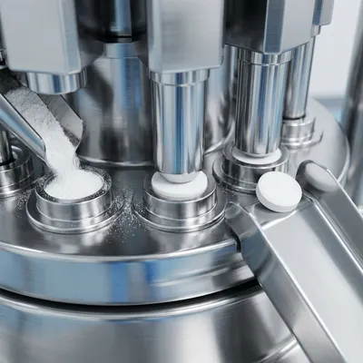 Microcrystalline cellulose being pressed into tablets