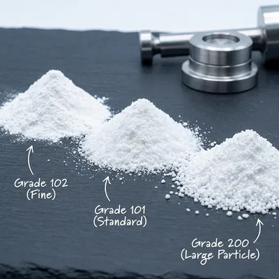 A detailed laboratory comparison of different Microcrystalline Cellulose (MCC) powder grades, highlighting variations in particle size and texture relevant for tablet manufacturing.