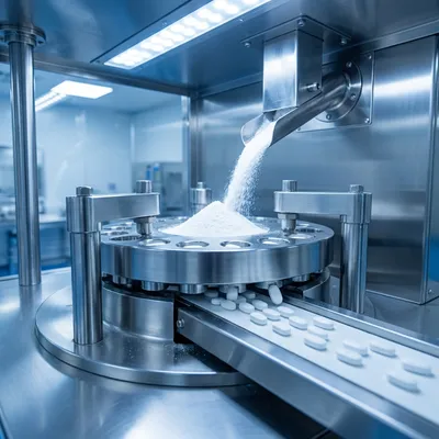 Pharmaceutical manufacturing line showing MCC PH102 powder in a tablet press machine