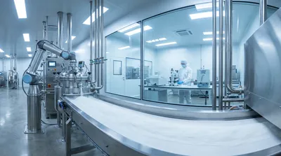 Modern automated food ingredient factory with QC lab and robotic arms