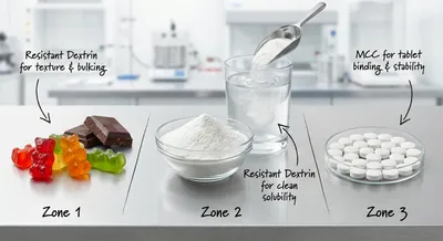 Applications of resistant dextrin and MCC in confectionery and tablets