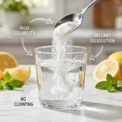 A close-up action shot of white resistant dextrin powder dissolving seamlessly into a glass of clear, healthy beverage.