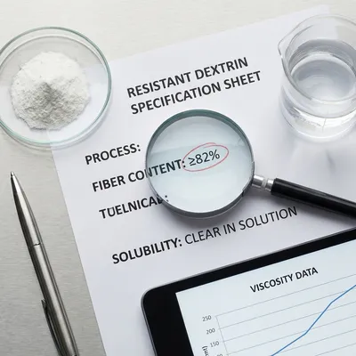 A flat-lay image of a technical specification sheet for resistant dextrin, surrounded by quality control tools and ingredient samples.