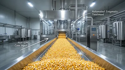 Automated production line processing non-GMO corn kernels in Shandong