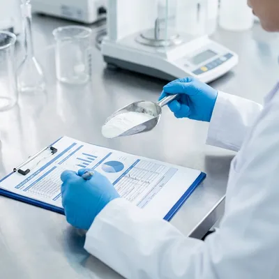 A quality control specialist in a lab coat meticulously auditing food ingredient samples like resistant dextrin.