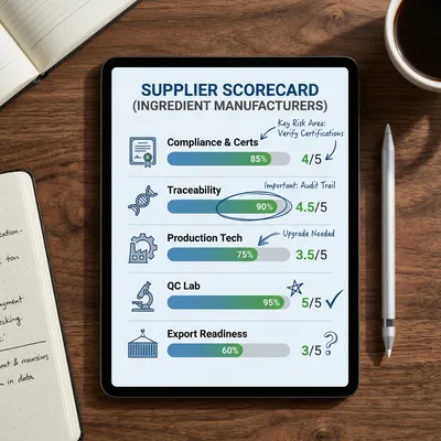 An infographic visualizing a supplier scorecard with weighted criteria for vetting ingredient manufacturers.